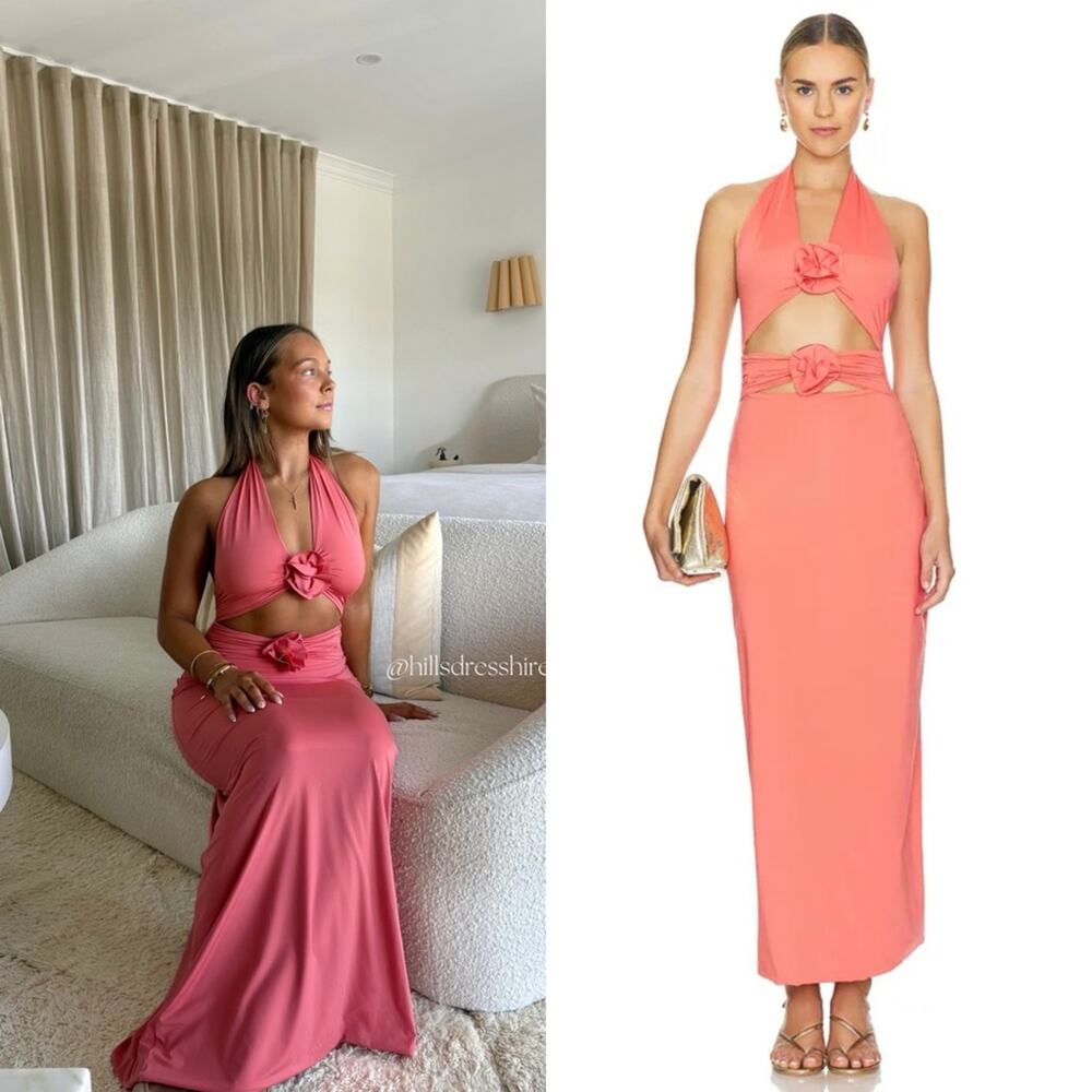 MAYGEL CORONEL Vaupes Dress in Tropical Pink Coral Halter Maxi Dress